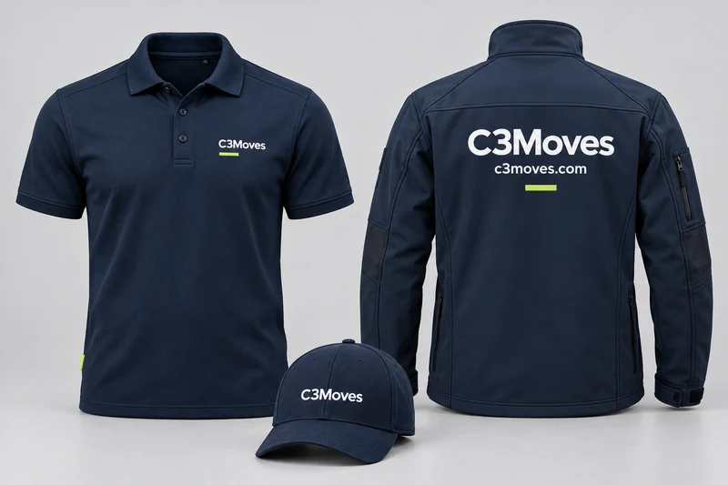 C3Moves navy polo, cap and jacket with c3moves.com on the jacket back