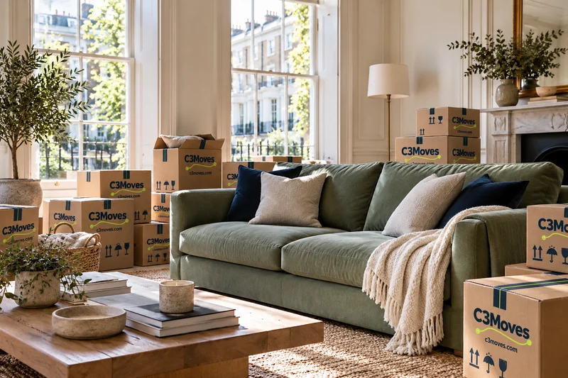 Home interior prepared for moving with C3Moves branded cartons