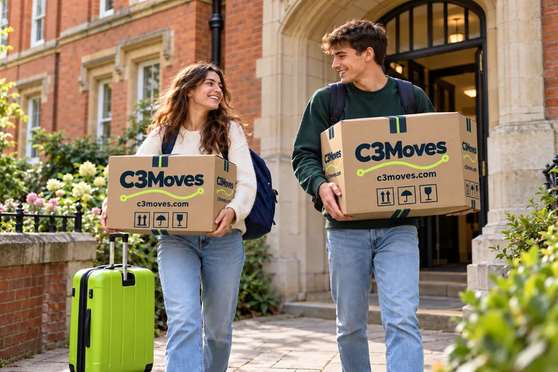 Students moving C3Moves branded cartons into university accommodation